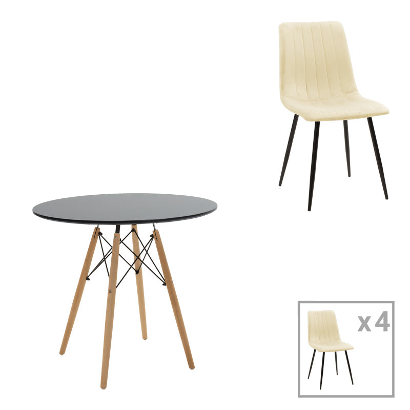 Τραπεζαρία Julita-Noor  σετ 5τεμ MDF μαύρο-μπεζ ύφασμα Φ80x73εκ - Pakobazaar