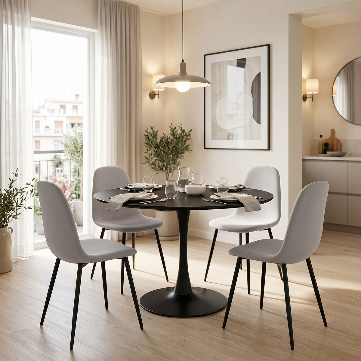 Τραπεζαρία Bella-Balou  σετ 5τεμ MDF μαύρο-ύφασμα γκρι Φ120x73εκ - Pakobazaar