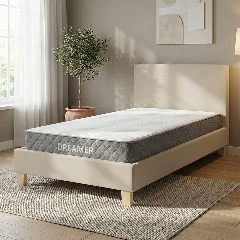 Κρεβάτι με στρώμα Nevil-Dreamer  ύφασμα μπεζ-ξύλινο πόδι σε φυσική απόχρωση 100x200εκ - Pakobazaar