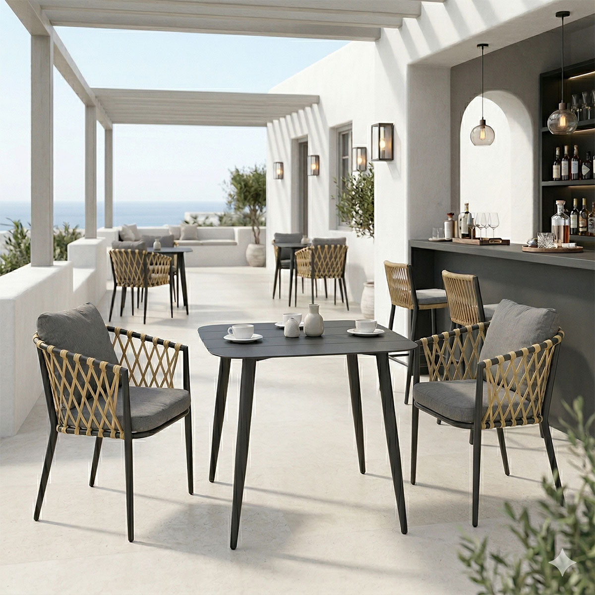 Τραπεζαρία Peluxe Vista  σετ 3τεμ ανθρακί αλουμίνιο με PE σχοινί σε φυσική απόχρωση και μαξιλάρια 80x80x72εκ - Pakobazaar