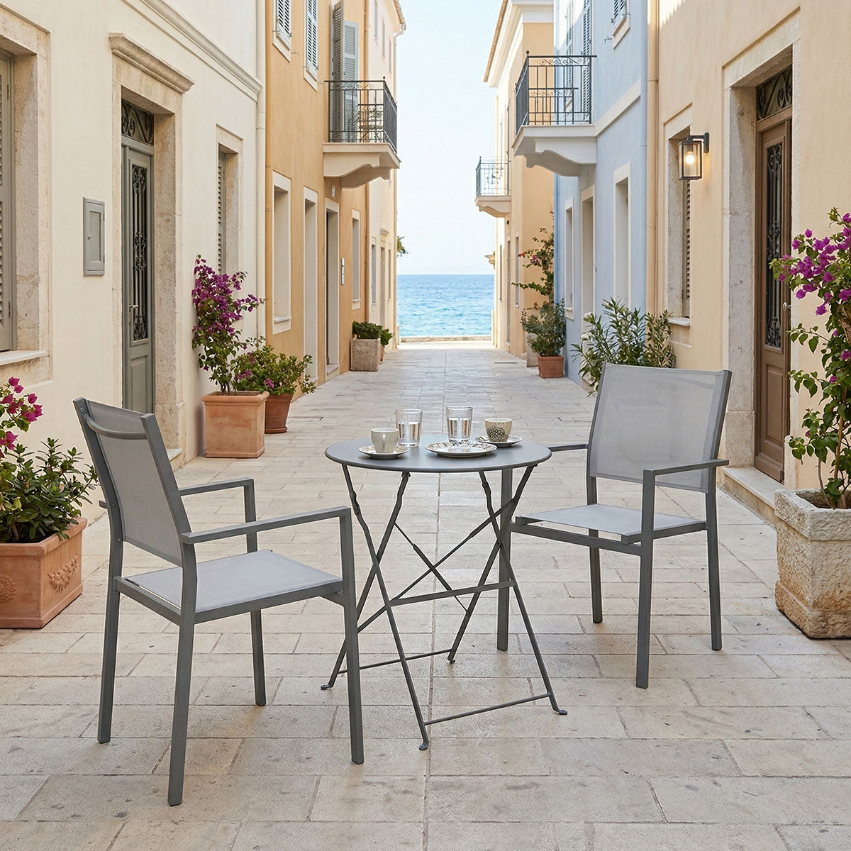 Τραπεζαρία Bistro Confidence σετ 3τεμ  ανθρακί μέταλλο με γκρι textilene Φ60x71εκ - Pakobazaar