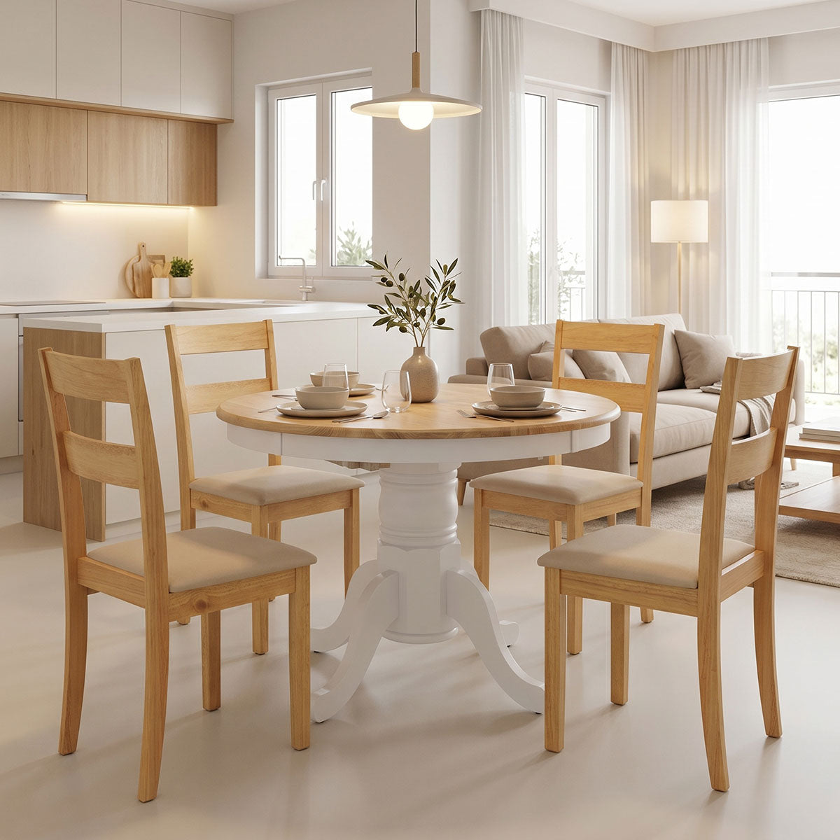 Τραπεζαρία Dallan Lars  5τεμ λευκό με φυσική απόχρωση rubberwood Φ100(+38)x100x75εκ - Pakobazaar