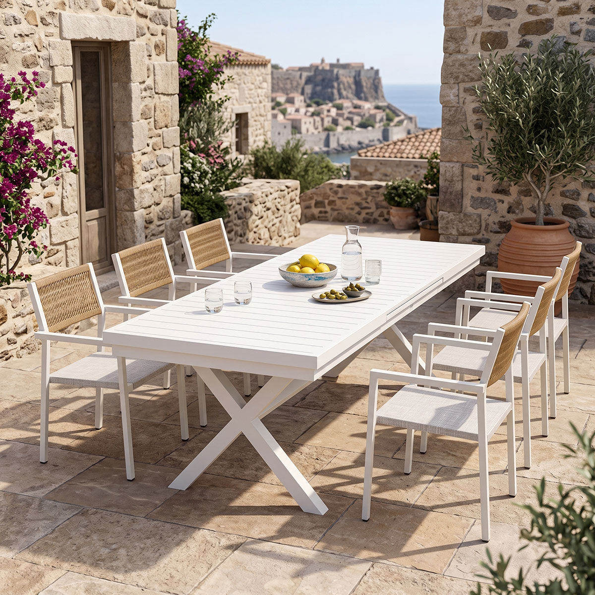 Τραπεζαρία Dagyn Savor  σετ 7τεμ λευκό αλουμίνιο με textline PE rattan σε φυσική απόχρωση 180-240x90x76εκ - Pakobazaar