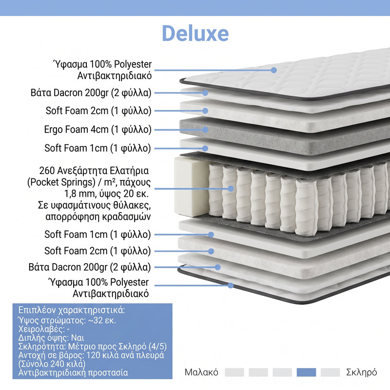 Στρώμα Deluxe  pocket spring διπλής όψης 32cm 140x200εκ