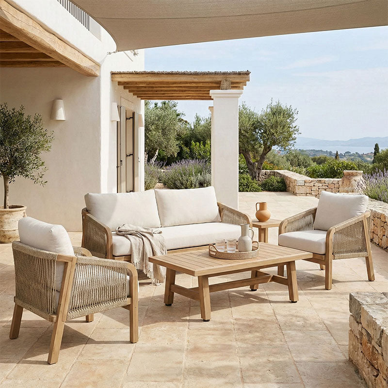 Σετ σαλονιού 4τμχ Malibu I  μασίφ ξύλο ακακίας-μπεζ ύφασμα - Pakobazaar