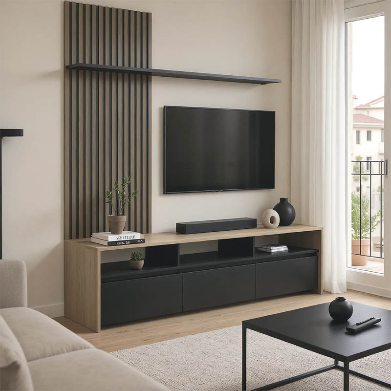 Σύνθετο σαλονιού Delfina  σε sonoma με μαύρη απόχρωση 190x40x199.5εκ - Pakobazaar