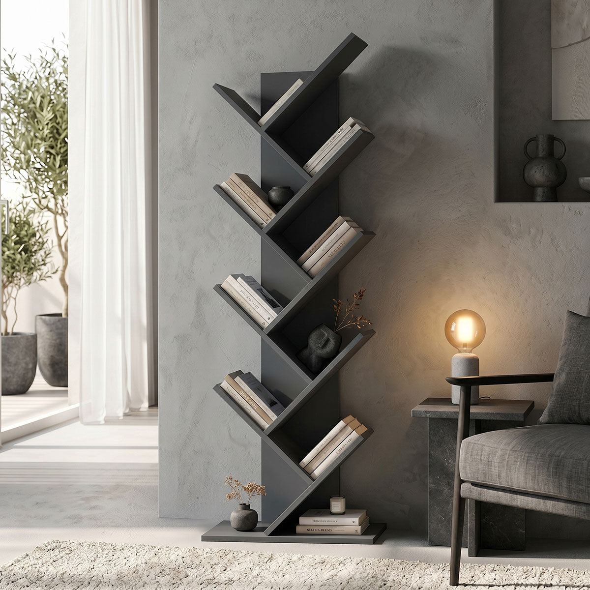 Βιβλιοθήκη Fyllo  ανθρακί 50x25x141.5εκ - Pakobazaar