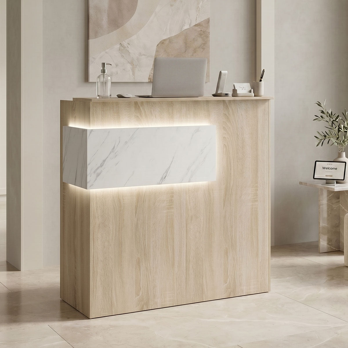 Γραφείο reception Optima  με led sonoma-λευκή όψη μαρμάρου 110x40x110εκ - Pakobazaar