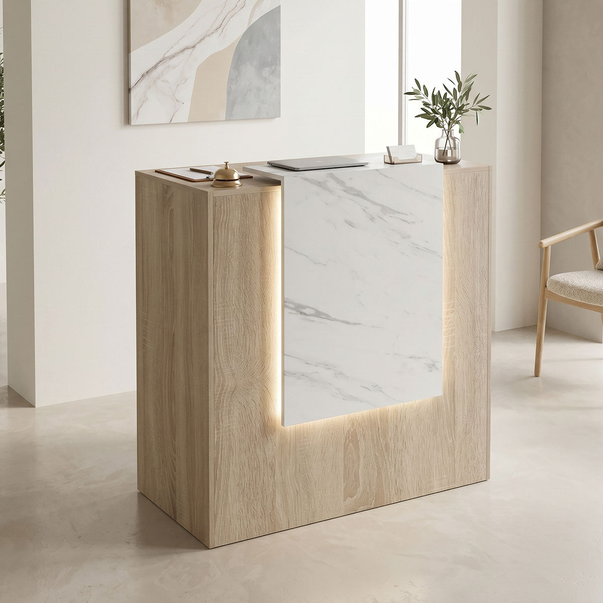 Γραφείο reception Zowel  με led sonoma-λευκή όψη μαρμάρου 90x40x110εκ - Pakobazaar