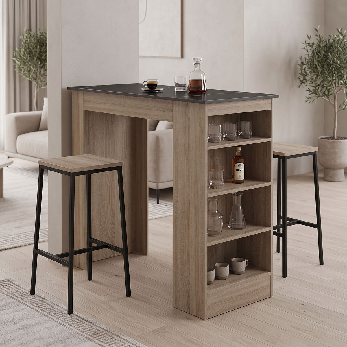 Τραπέζι μπαρ Riff  sonoma-επιφάνεια μαύρο μαρμάρου 120x55x105εκ - Pakobazaar
