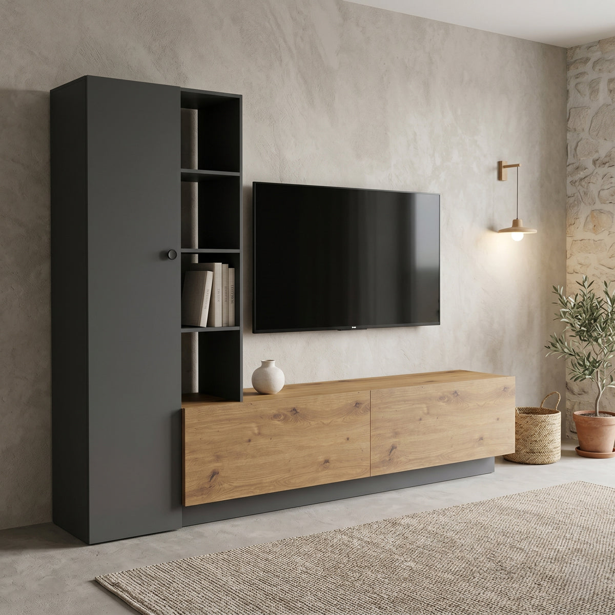 Σύνθετο σαλονιού Tilveo  oak-ανθρακί 230x41.5x180εκ - Pakobazaar