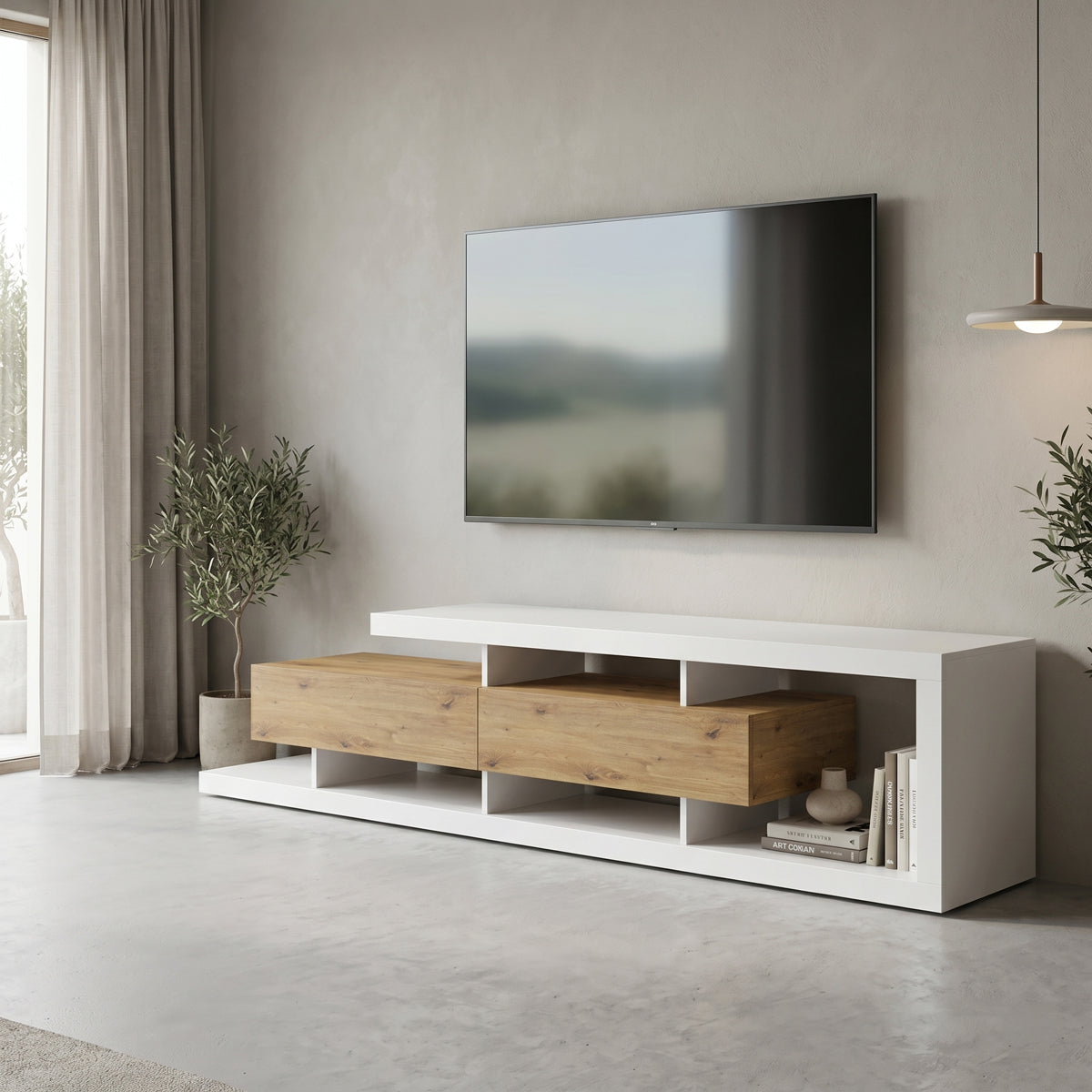 Έπιπλο τηλεόρασης Arbero  λευκό-oak 198x40x45εκ