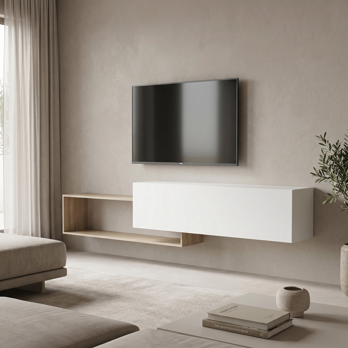 Έπιπλο τηλεόρασης επιτοίχιο Olande  sonoma-λευκό 210x35x48εκ - Pakobazaar