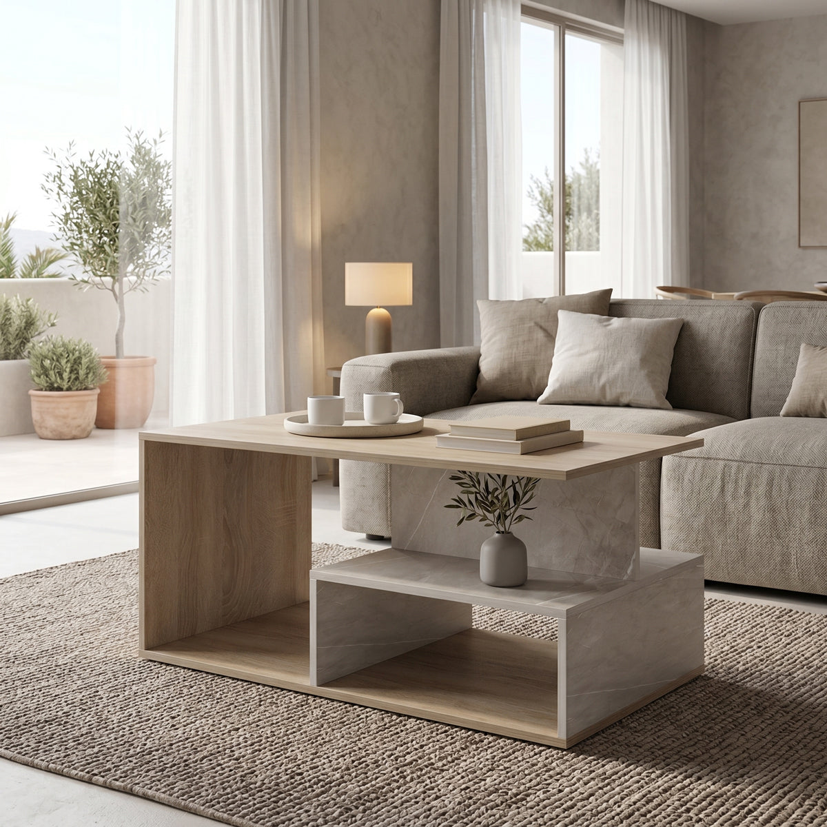 Τραπέζι σαλονιού Kelena  sonoma-μπεζ όψη μαρμάρου 90x51x43εκ