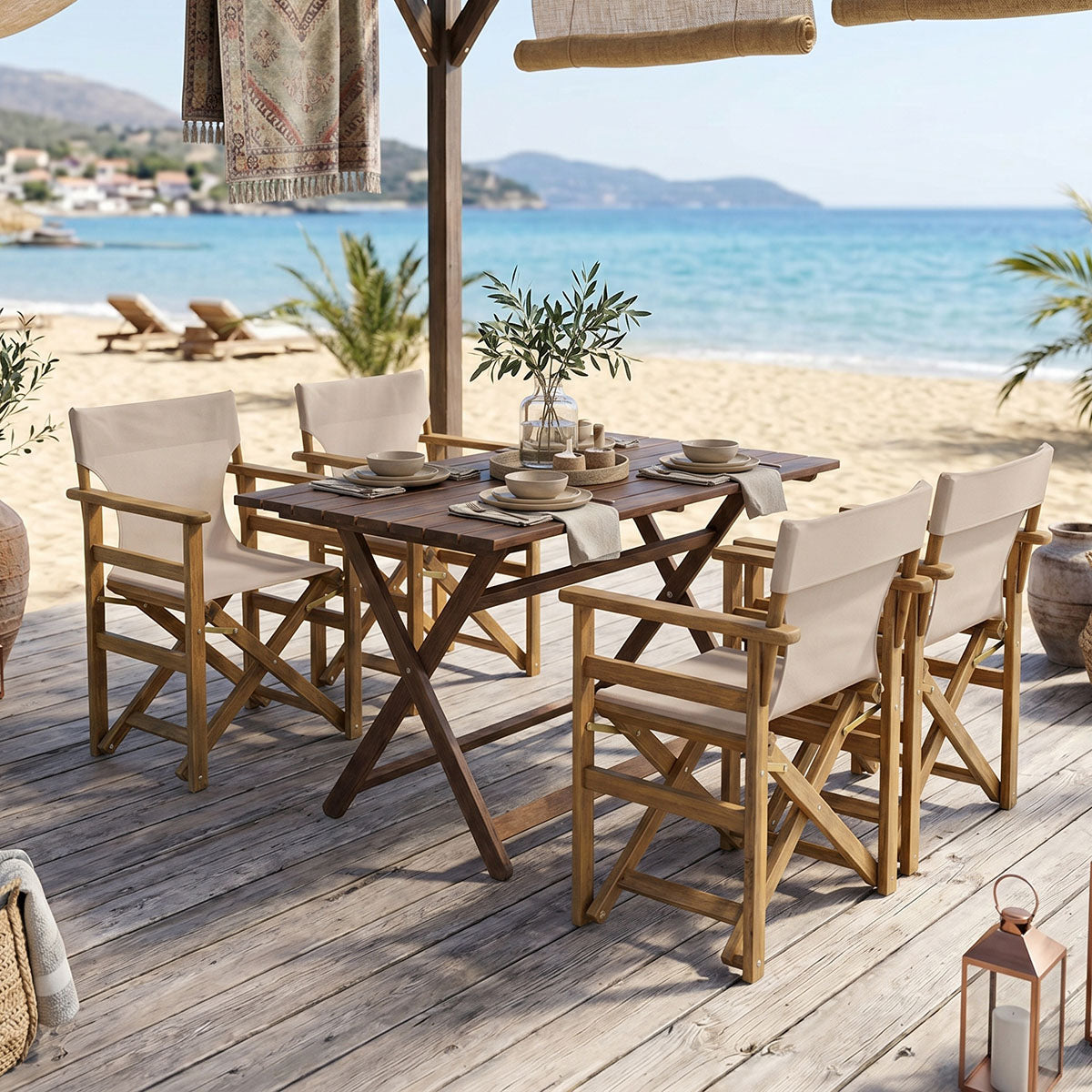 Tραπεζαρία Retto σετ 5τμχ μασίφ ξύλο οξιάς καρυδί πανί-μπεζ γκρι 100x60x71εκ - Pakobazaar