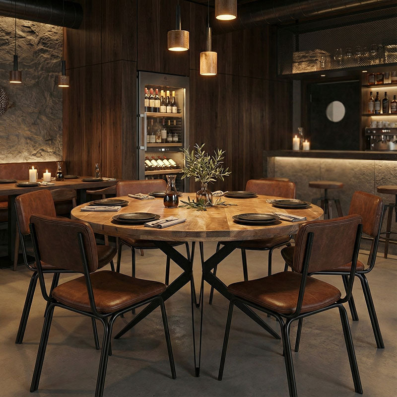 Τραπέζι Bocco Ι  ξύλο mango φυσικό 3εκ με μαύρα μεταλλικά πόδια Φ150x77εκ