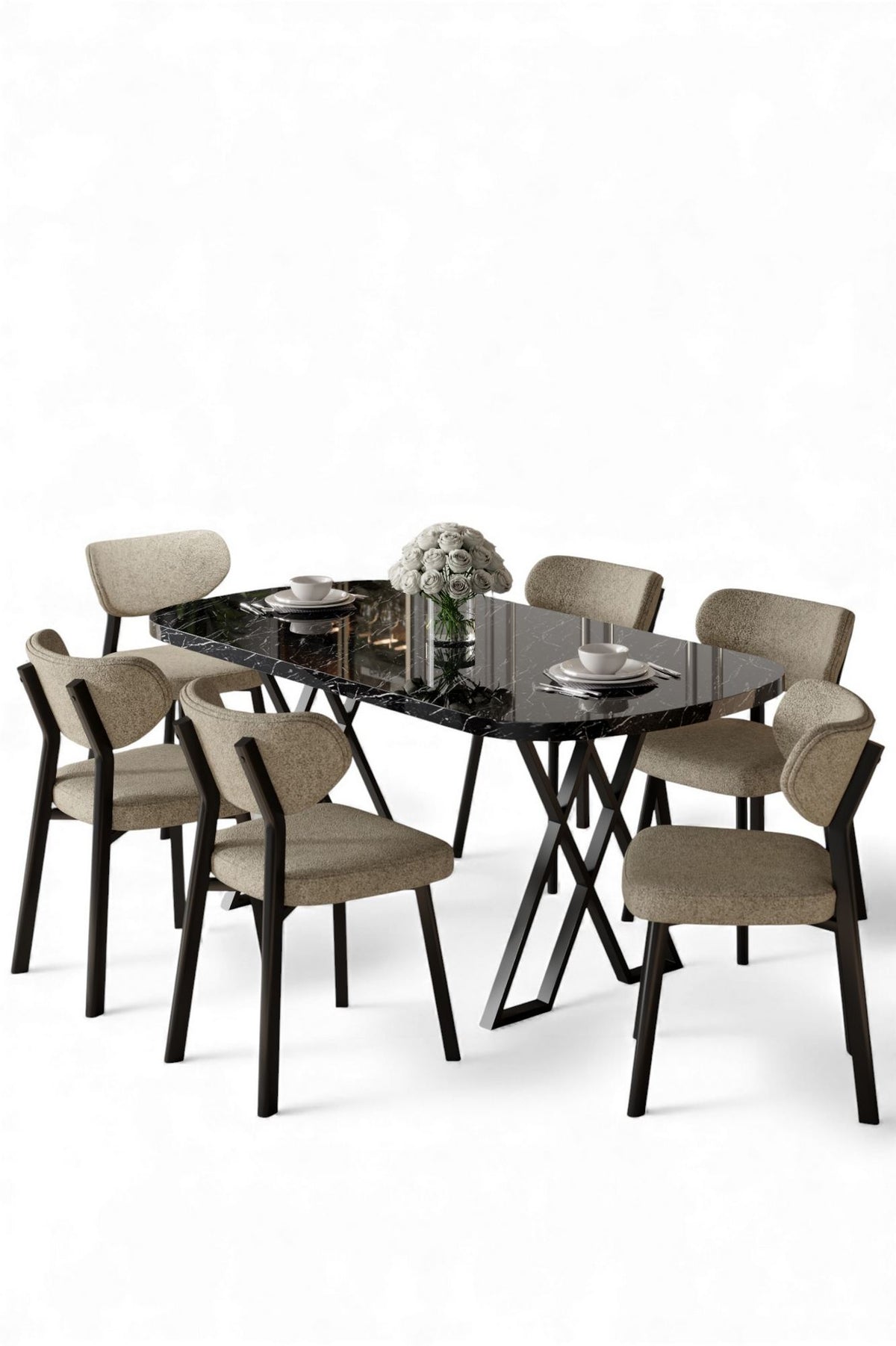Σετ Τραπεζαρίας 7τμχ Achladitsa Μαύρο Μάρμαρο - Καπουτσίνο 168x90x76 εκ. MDF