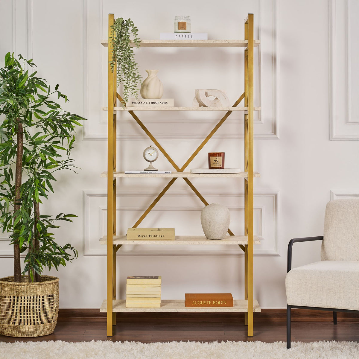 Βιβλιοθήκη Aedipsos Travertine - Χρυσό 90x34x180 εκ. Μελαμίνης