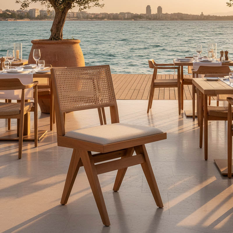 Καρέκλα Winslow  ξύλο rubberwood ανοικτό καρυδί-pvc rattan φυσικό-ύφασμα γκρι - Pakobazaar