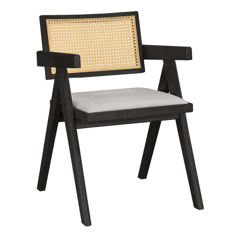 Πολυθρόνα Winslow  ξύλο rubberwood μαύρο-pvc rattan φυσικό-ύφασμα γκρι - Pakobazaar