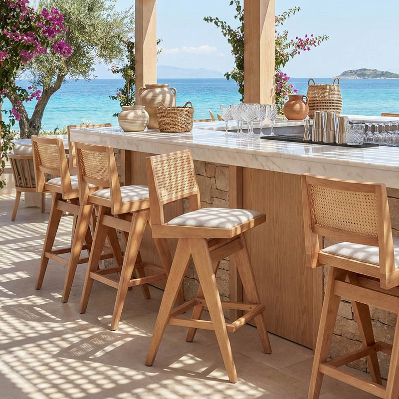 Σκαμπό bar Winslow  ξύλο rubberwood ανοικτό καρυδί-pvc rattan φυσικό-ύφασμα γκρι 44.5x46x98εκ - Image 2