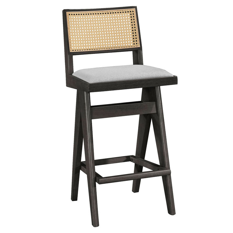 Σκαμπό bar Winslow  ξύλο rubberwood μαύρο-pvc rattan φυσικό-ύφασμα γκρι 44.5x46x98εκ - Image 1