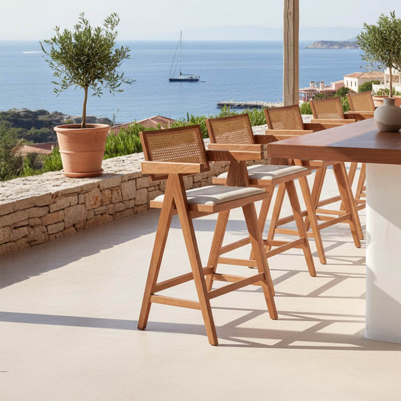 Σκαμπό bar Winslow  ξύλο rubberwood ανοικτό καρυδί-pvc rattan φυσικό-ύφασμα γκρι - Pakobazaar