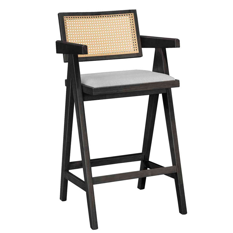 Σκαμπό bar Winslow  ξύλο rubberwood μαύρο-pvc rattan φυσικό-ύφασμα γκρι - Pakobazaar