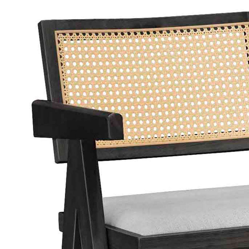 Σκαμπό bar Winslow  ξύλο rubberwood μαύρο-pvc rattan φυσικό-ύφασμα γκρι - Pakobazaar
