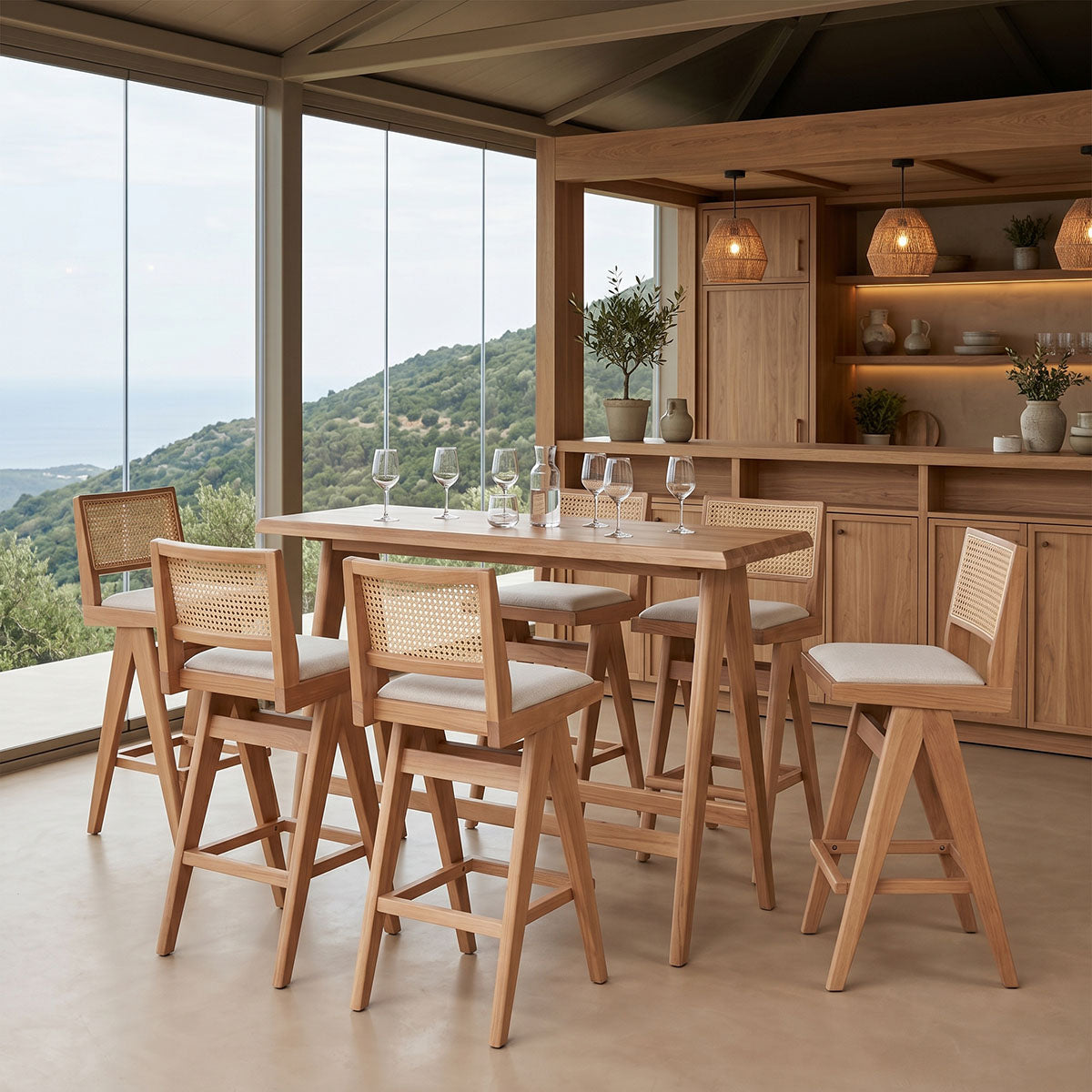Τραπεζαρία μπαρ Winslow  σετ 7τεμ ξύλο rubberwood ανοιχτό καρυδί 120x45x100εκ - Pakobazaar