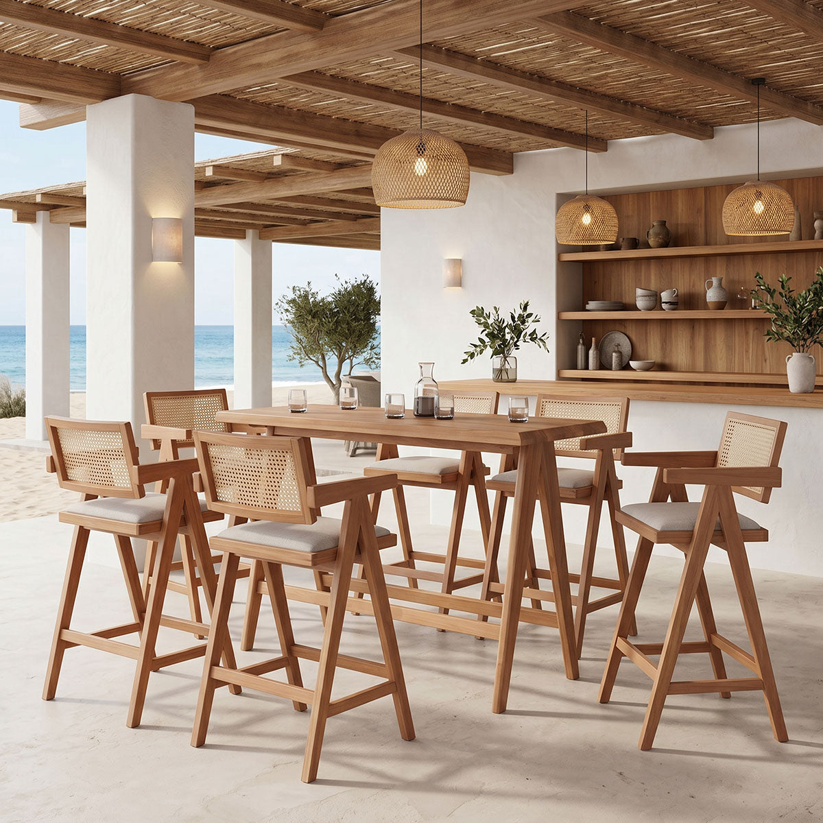 Τραπεζαρία μπαρ Winslow I  σετ 7τεμ ξύλο rubberwood ανοιχτό καρυδί 120x45x100εκ - Pakobazaar