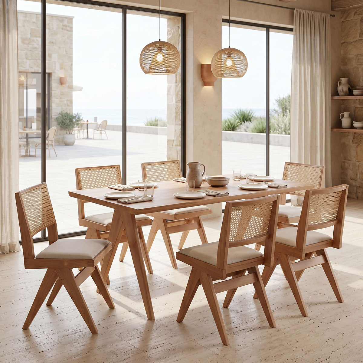 Τραπεζαρία Winslow  σετ 7τεμ ξύλο rubberwood σε ανοιχτό καρυδί απόχρωση 160x85x75εκ - Pakobazaar