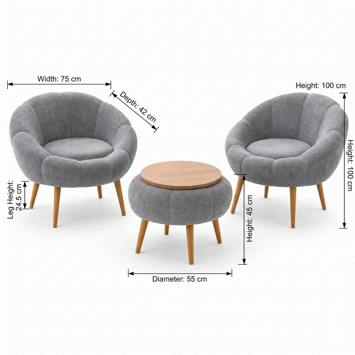 Σετ Πολυθρόνας & Τραπεζιού 3τμχ Kerkini Γκρι - Wellsoft 75x42x100 εκ.