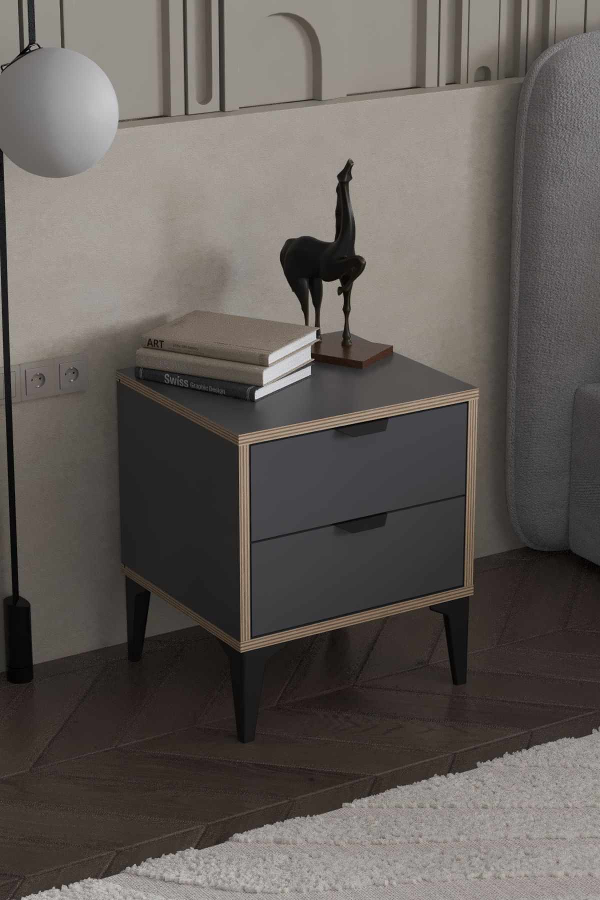 Κομοδίνο Longos Ανθρακί 45x40x52 εκ. Μελαμίνης