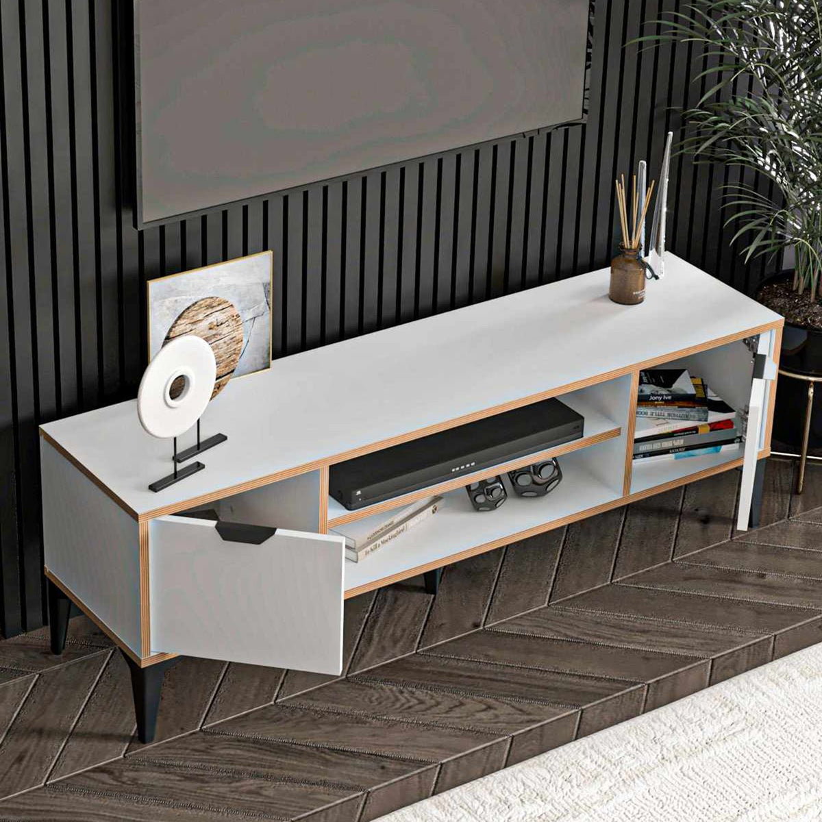 Έπιπλο Τηλεόρασης Longos Λευκό 140x35x46 εκ. Μελαμίνης - Pakobazaar