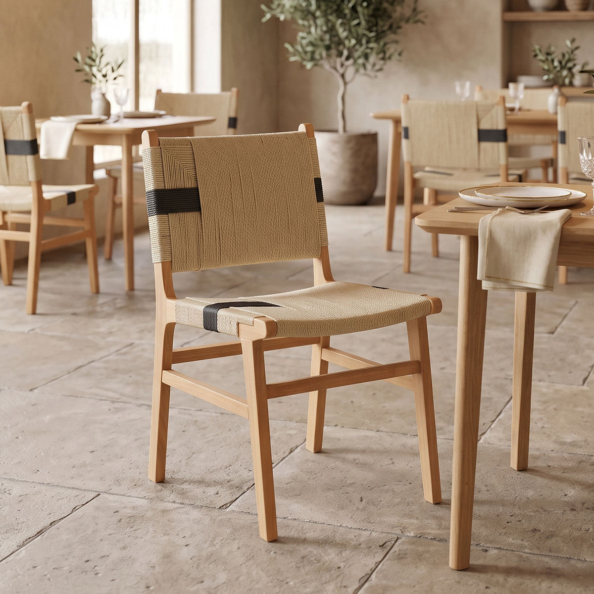 Καρέκλα Nelanto  rubberwood και επένδυση με σχοινί σε φυσικό-μαύρο χρώμα 61x54x85εκ - Pakobazaar