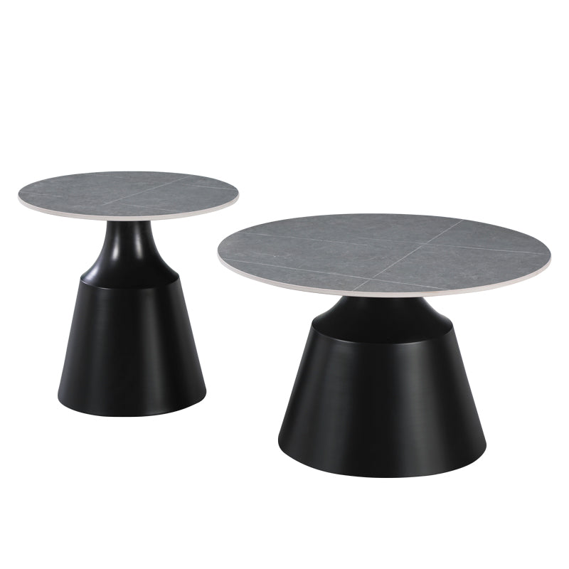 Τραπέζια σαλονιού Sculpt  σετ 2τεμ μέταλλο μαύρο- sintered stone γκρι μάρμαρο - Pakobazaar