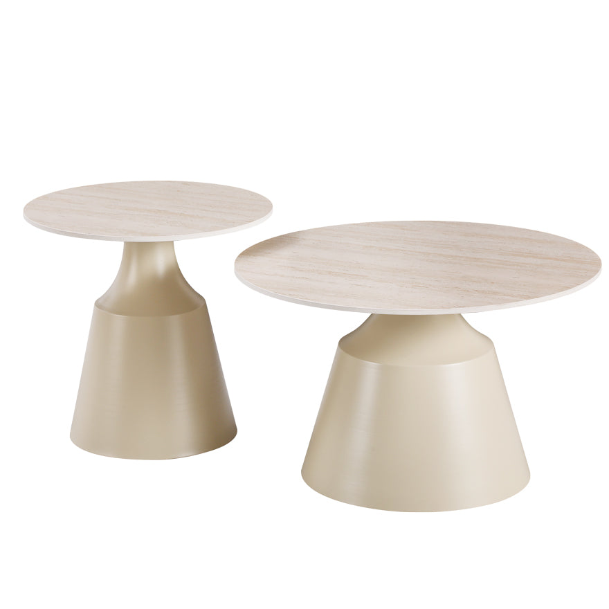 Τραπέζια σαλονιού Sculpt  σετ 2τεμ μέταλλο cappuccino- sintered stone σε όψης τραβερτίνης - Pakobazaar