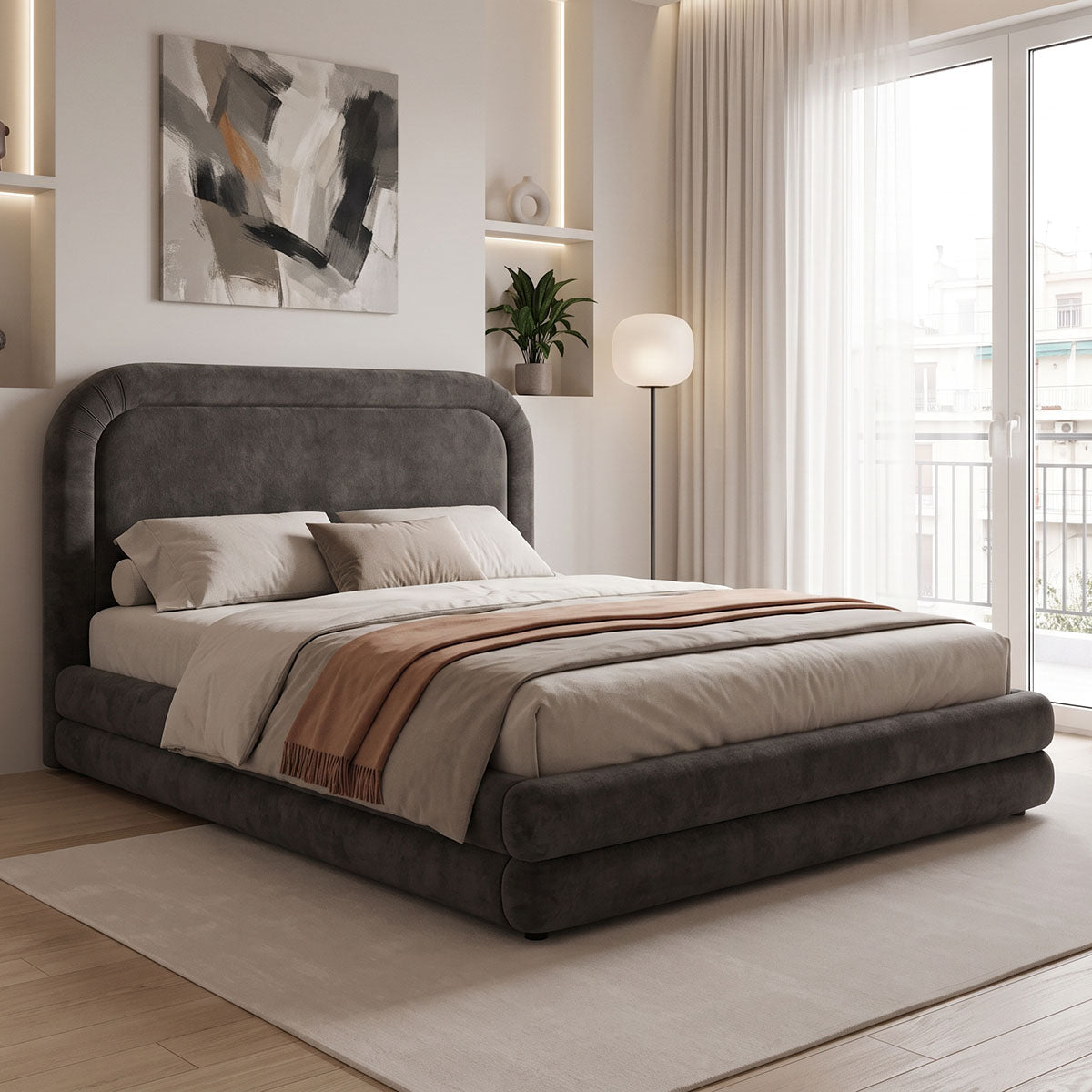 Κρεβάτι διπλό Arlia  χώρο ανθρακί ύφασμα 160x200εκ - Pakobazaar