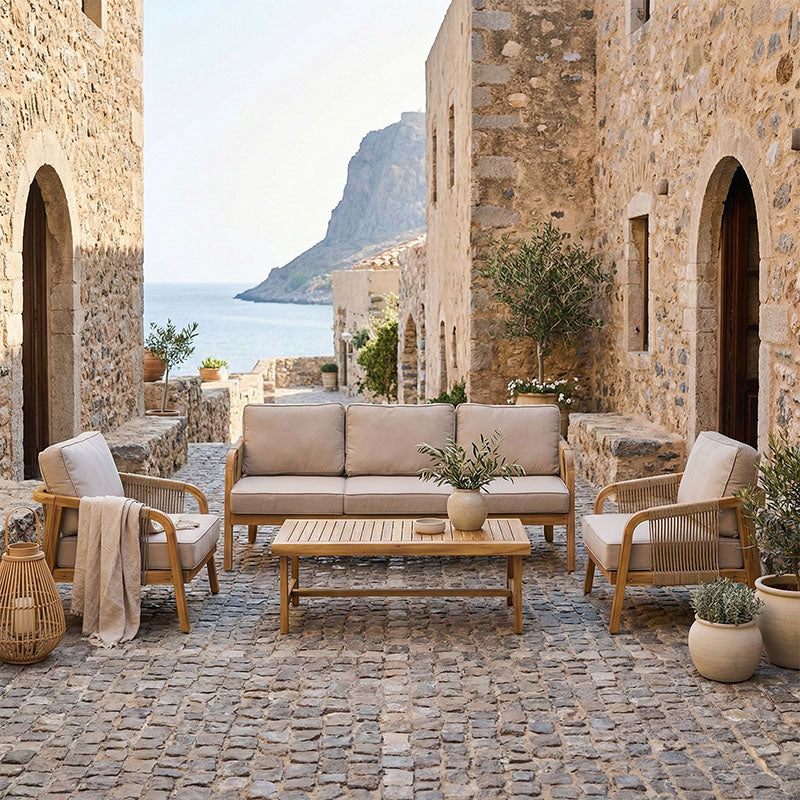 Σαλόνι εξωτερικού χώρου Malibu III  ξύλο ακακίας με σχοινί σε φυσική απόχρωση και μπεζ μαξιλάρια - Pakobazaar