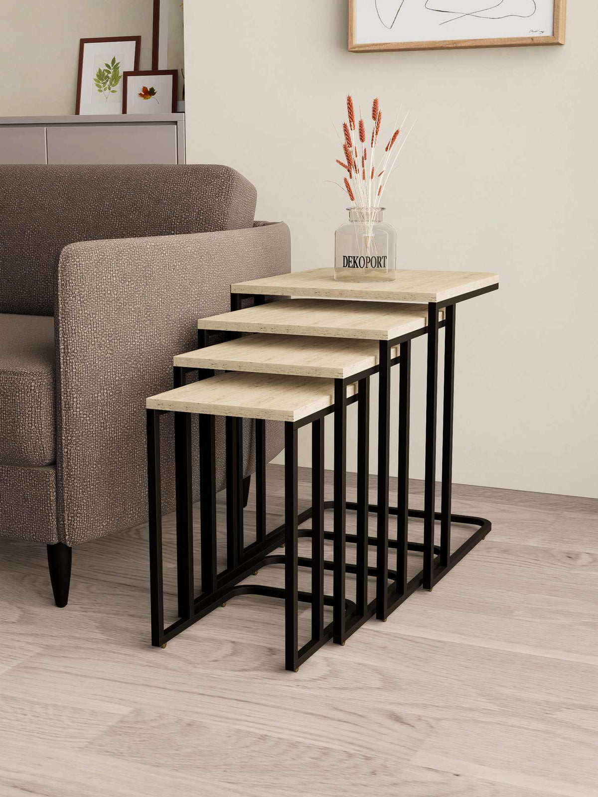 Τραπεζάκια Σαλονιού Σετ 4τμχ Alkmini Μαύρο - Travertine 45x40x57 εκ. Μετάλλου