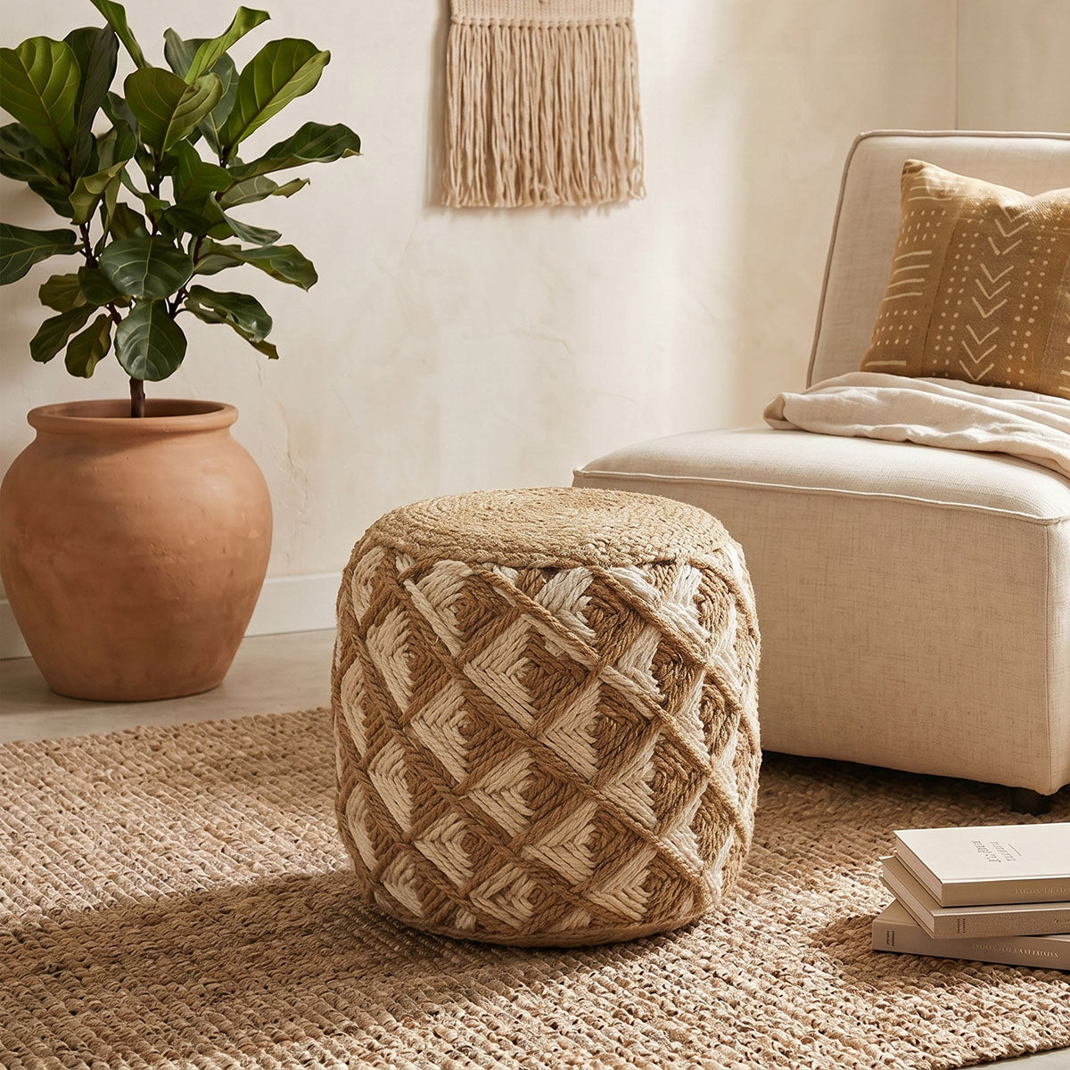Σκαμπό Yton Inart μπεζ 100% γιούτα 40x40x40εκ - Pakobazaar