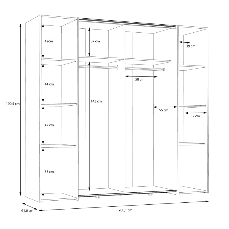 Ντουλάπα ρούχων Bekerk  τετράφυλλη μαύρο-oak μελαμίνης 200x61.5x190.5εκ - Image 5