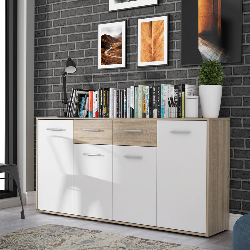 Μπουφές Drepen  μελαμίνη σε λευκό και sonoma χρώμα 162.3x34.2x81.7εκ - Pakobazaar