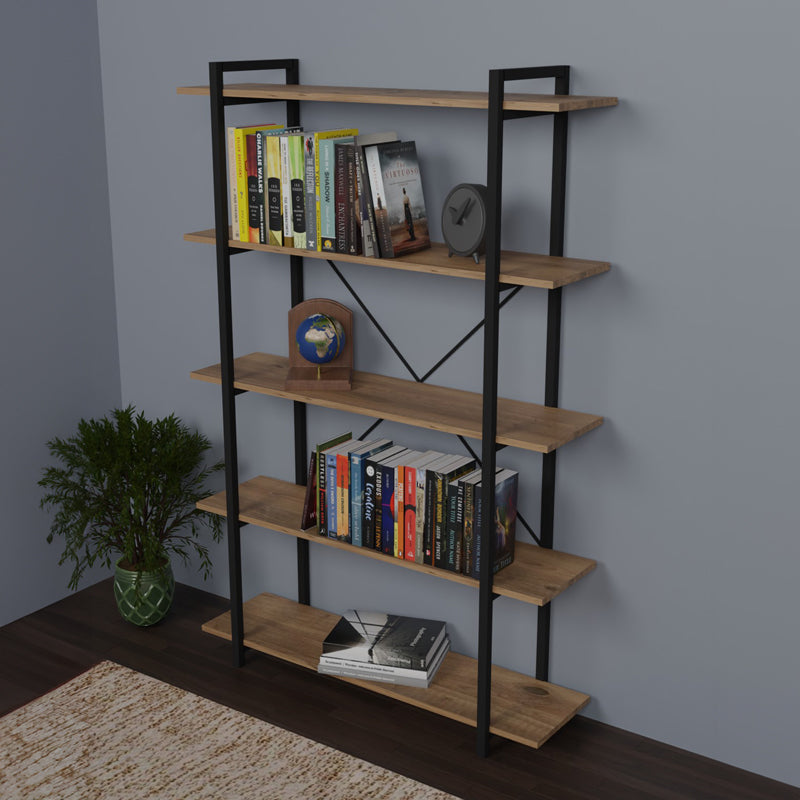 Βιβλιοθήκη Reson  oak μελαμίνης-μαύρο μέταλλο 120x34x180εκ - Pakobazaar