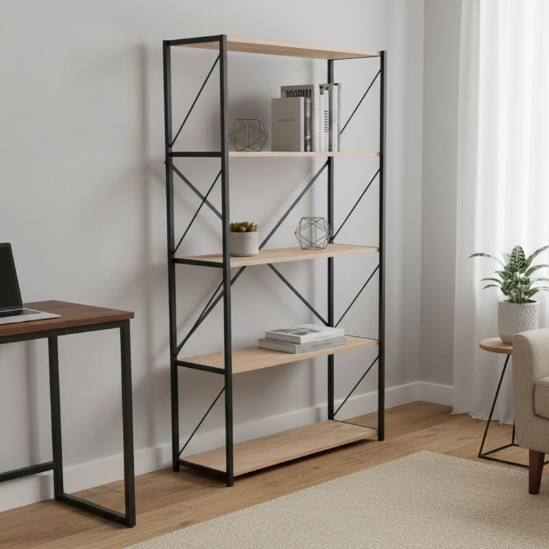 Βιβλιοθήκη Tikilmo  oak μελαμίνης-μαύρο μέταλλο 88x34x180εκ - Image 1