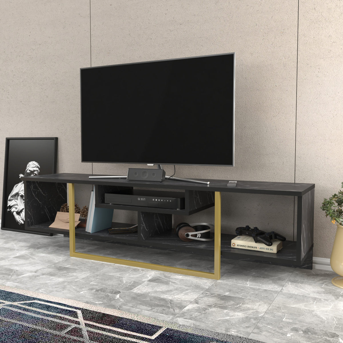 Έπιπλο Τηλεόρασης Kombotades Μαύρο - Χρυσό 150x35.2x40 εκ. Μελαμίνης - Pakobazaar