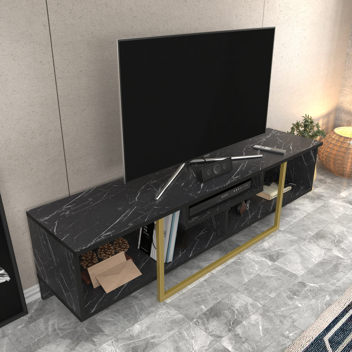 Έπιπλο Τηλεόρασης Kombotades Μαύρο - Χρυσό 150x35.2x40 εκ. Μελαμίνης - Pakobazaar
