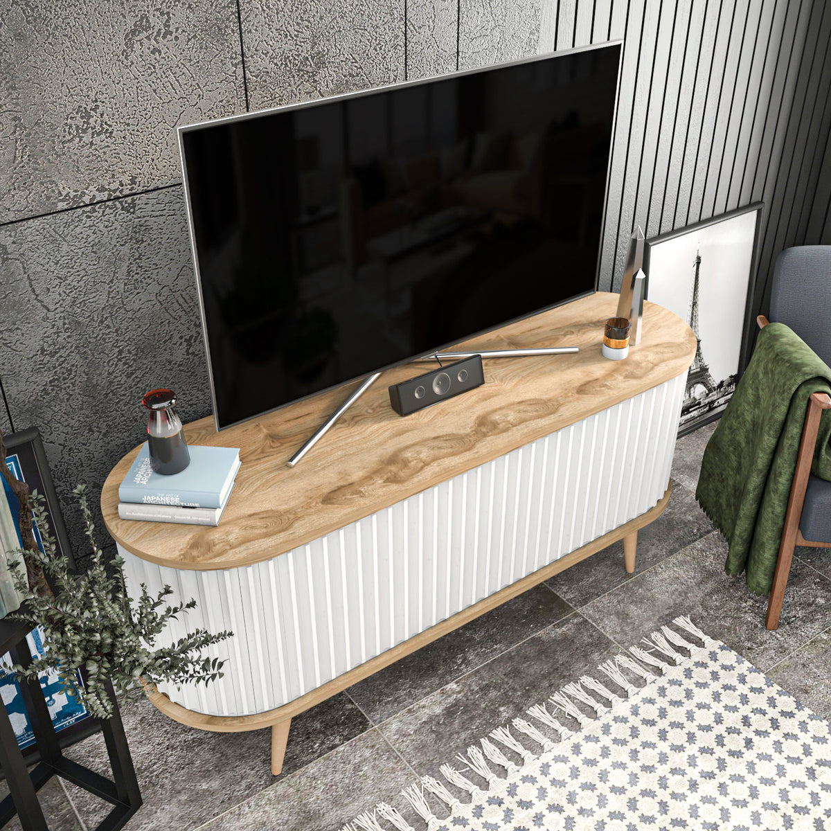 Έπιπλο Τηλεόρασης Kamari Δρυς Oud - Λευκό 140x43x64 εκ. Μελαμίνης