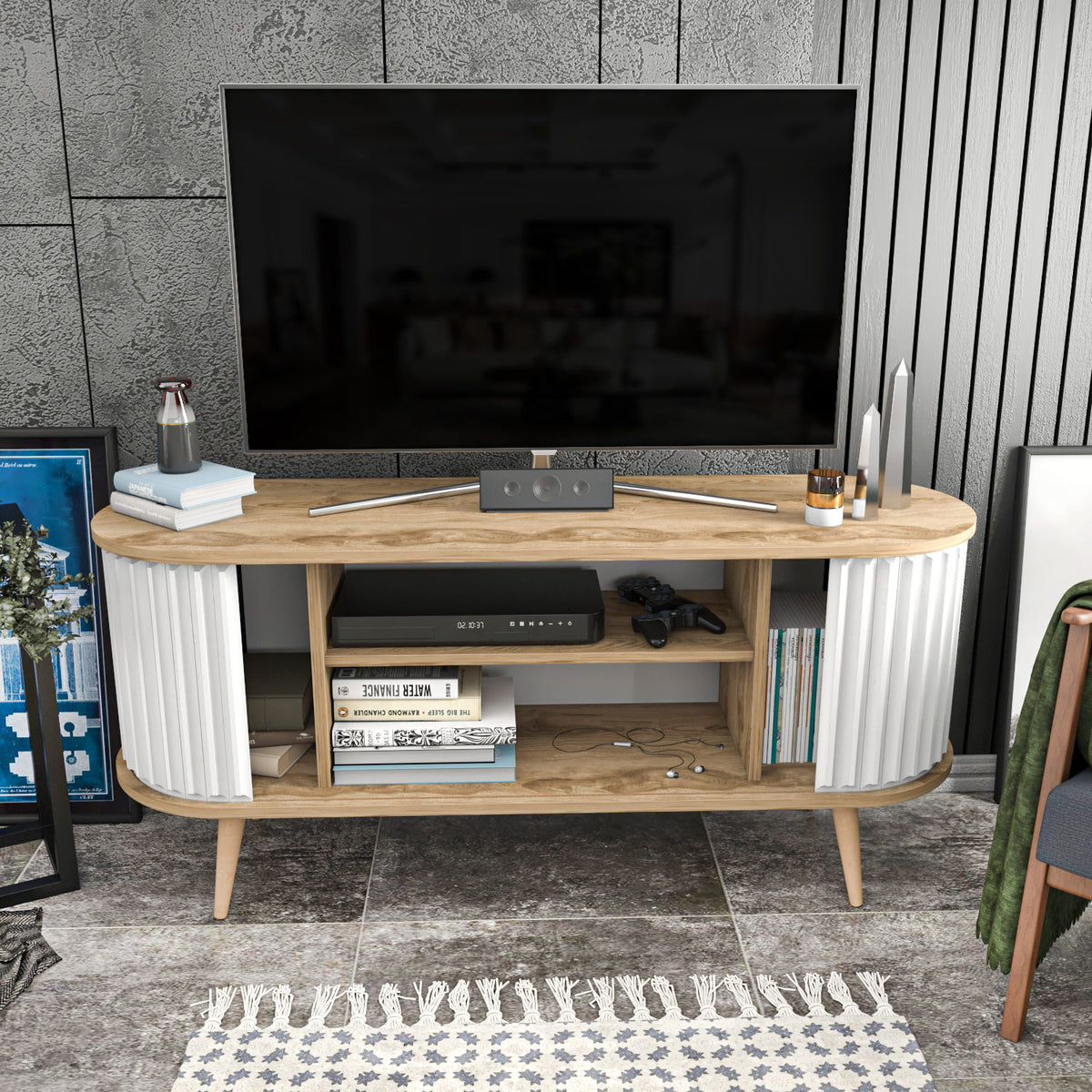 Έπιπλο Τηλεόρασης Kamari Δρυς Oud - Λευκό 140x43x64 εκ. Μελαμίνης